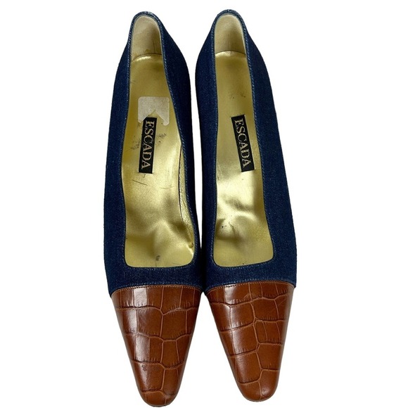 Escada 90s Denim Brown Croc Embossed Leather Block Heels 9.5N - Picture 4 of 7
